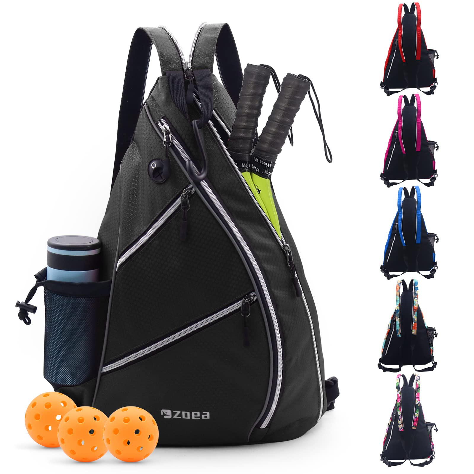 ZOEA Pickleball Bag, Sport Pickleball Sling Bag for Women Man, Adjustable Pickleball Backpack with Fence Hook Water Bottle Holder, Fits 4 Paddles and All Your Other Gear (Black)