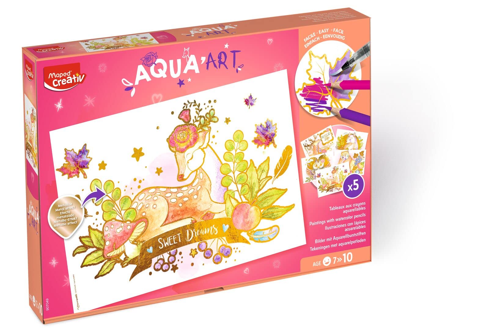 Maped CREATIV - Aqua'Art Forest Animals - Watercolour Activity for Children - Watercolour Pencils + Water Brush - Maxi Set - 5 Illustrations - Metallic Effects Posters to Colour and Customise