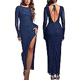 Long Sleeve Sparkly Mesh Dress Bodycon Maxi Side Split Tie Wedding Guest Formal Long Fall Dresses for Women 2025