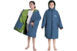 Hiturbo Warm Kids Swim Parka: Waterproof Changing Robe - Oversize Swimming Coat - Hooded Surf Poncho - Thick Lining (7-14Y)