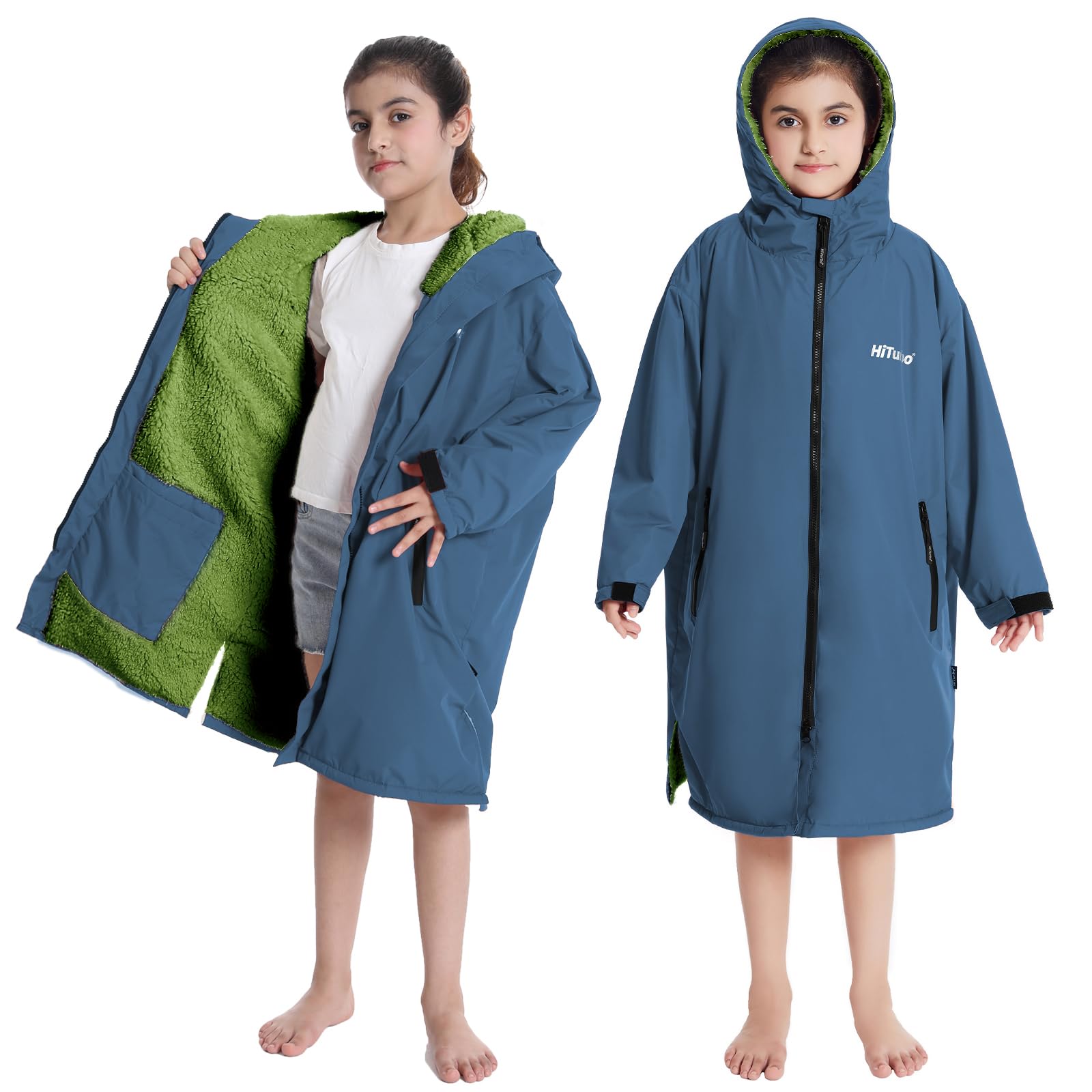 Photo 1 of Hiturbo Warm Kids Swim Parka: Waterproof Changing Robe - Thick Fleece Lining - Oversize Swimming Coat - Hooded Surf Poncho (7-14Y, Navy)