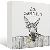 Nrleey Funny Bathroom Wooden Signs - Rustic Hello Sweet Cheeks Bathroom Decor, Funny Donkey Farmhouse Decor, 5 X 5 Inches