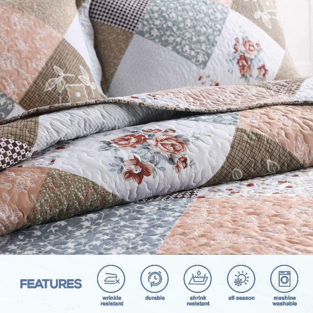 ENJOHOS 3-Piece Pink Grey Quilt Bedspread Sets King Size Coverlet Lightweight Reversible Bedspread for King Bed Korean Style Flower Garden on Pink Checker Daybed Bedding（Pink Flower Plaid2）: Home & Kitchen