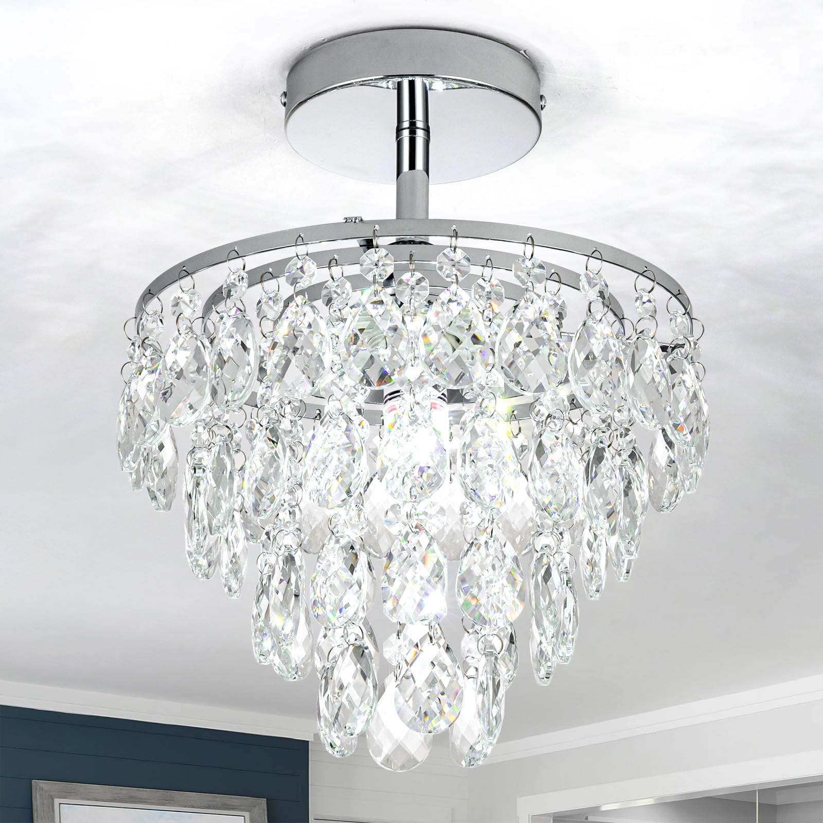 Photo 1 of CXGLEAMING Mini Chandelier Hallway Light Fixtures Ceiling Silver Chandelier Small Crystal Chandeliers Modern Ceiling Light Fixture Bedroom Closet Bathroom