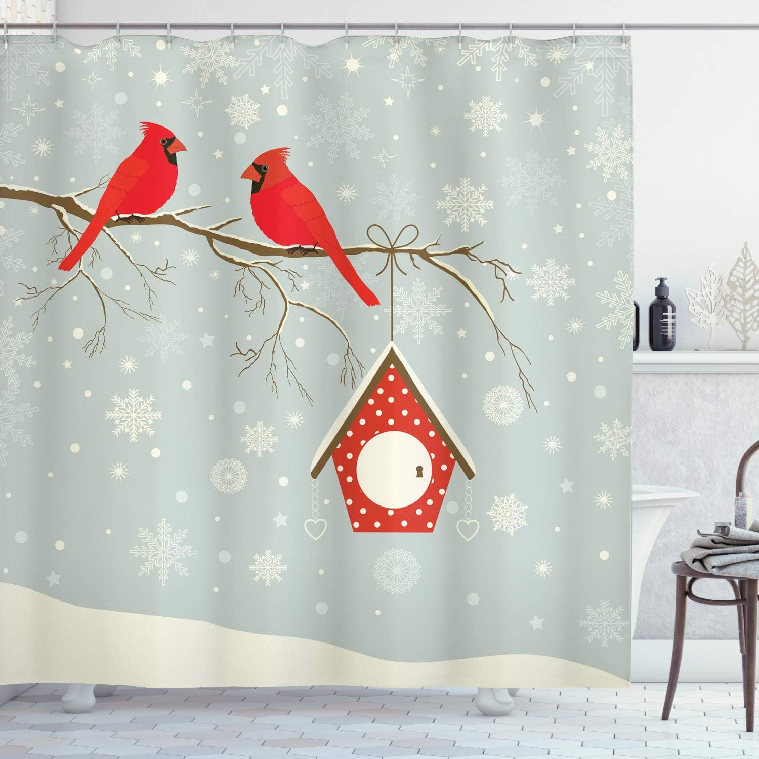 Amazon Com Lunarable Cardinal Shower Curtain Birdhouse And Red Cardinals On A Tree Branch On A Snowy Night Cloth Fabric Bathroom Decor Set With Hooks 84 Long Extra Vermilion Pale Sage Green Cream