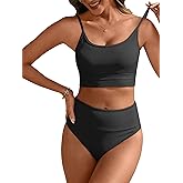 ANRABESS Women High Waisted Bikini Sets Color Block Summer Beach Vacation 2 Piece Bathing Suit Tummy Control Ribbed Swimsuit