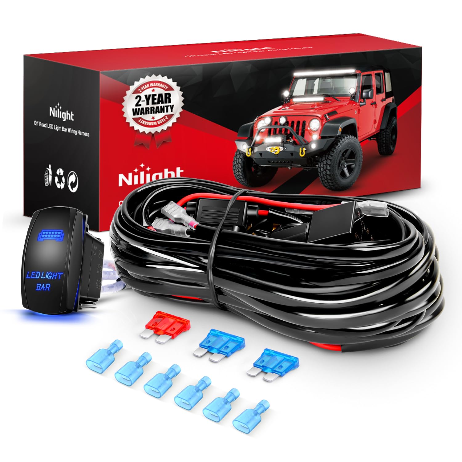 Photo 1 of Nilight 16AWG LED Light Bar Wiring Harness Kit 12V On Off 5Pin Rocker Switch Laser Waterproof Toggle Power Relay Blade Fuse for Cars Boat ATV Trucks - 3 Leads Bule