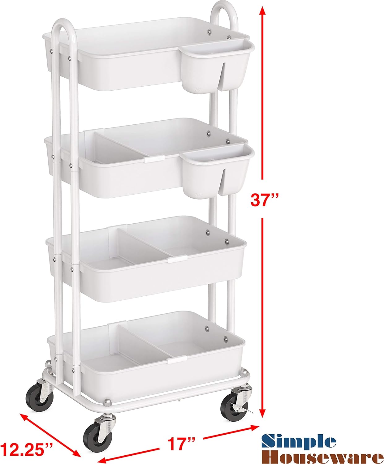 SimpleHouseware Heavy Duty 4-Tier Utility Rolling Cart, White : Office Products