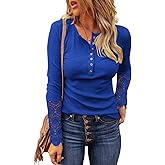 BTFBM Women Long Sleeve Shirts Spring Solid Button Up V Neck Lace Long Sleeves Slim Fit Knit Casual Fall T-Shirts 2026