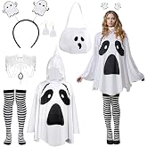 Breathffy 6 Pcs Halloween Ghost Costume Set Hooded Cape Striped Tights | Women Ghost Poncho Cape, Lace Necklace, Earrings, Headband, White Candy Bag, Complete Spooky Halloween Party Outfit