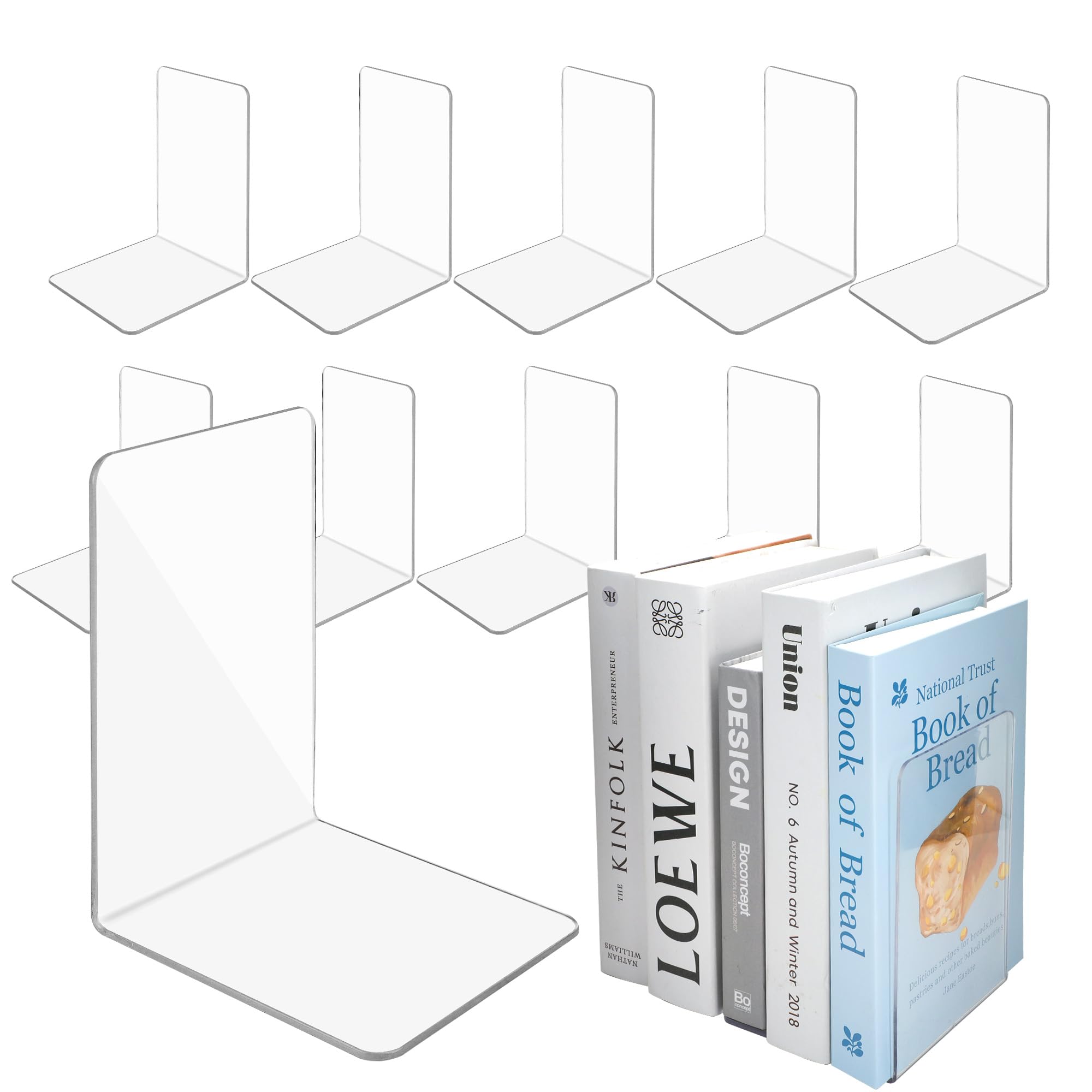 WeeGoo 6 Pairs(12 pcs) Clear Book Ends Acrylic Bookends for Book Shelves Plastic Bookend for Desktop Book Organizer, Library, Office Decoration