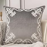 Aeckself European Floral Pillow Cover 16x16 Inch, Luxury Velvet Embroidered Decorative Throw Pillow Cover for Couch Bedroom Living Room, Grey and White