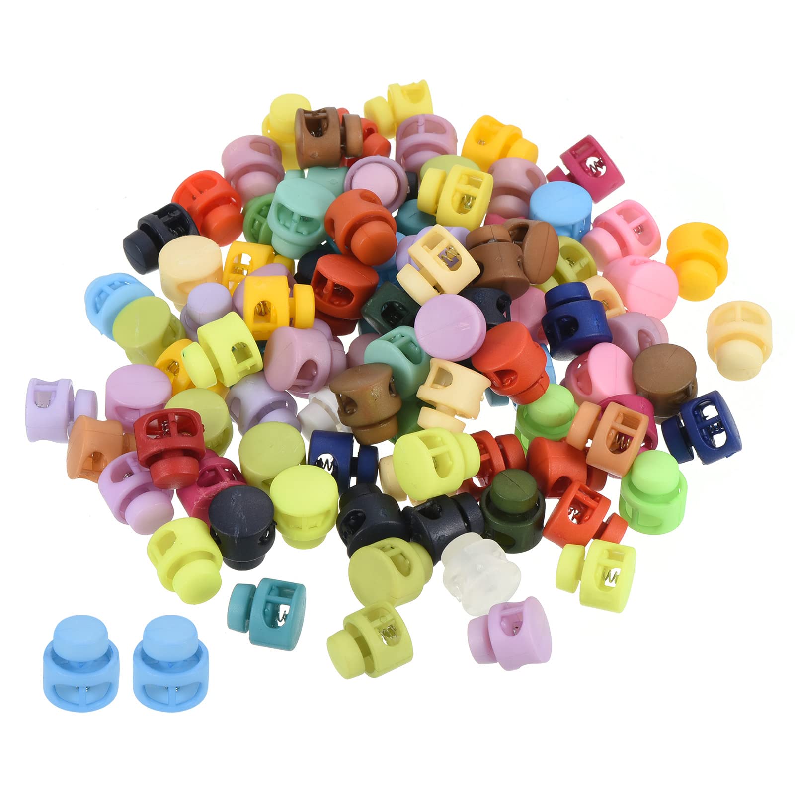 PATIKIL Cord Locks Assorted, 100 Pack Round Double Hole Spring Toggle Stopper 14mm for Drawstring Bag Shoelaces