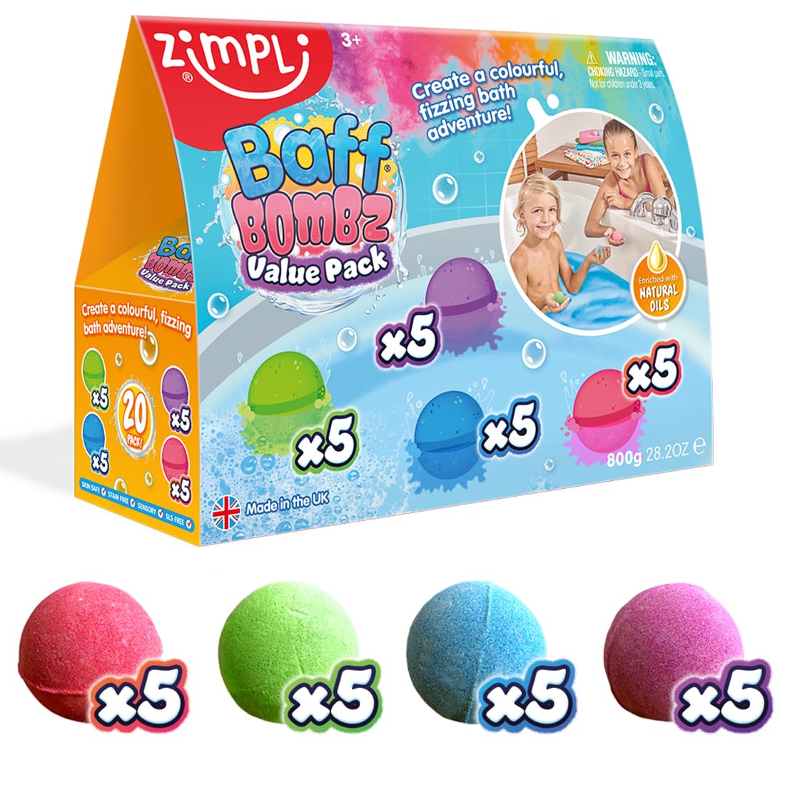ZIMPLI - 20 x Baff Bombz, Kids Bath Bombs Gift Set, Bubble Bath Fizzers, Birthday Toy for 4 plus year old boys & girls
