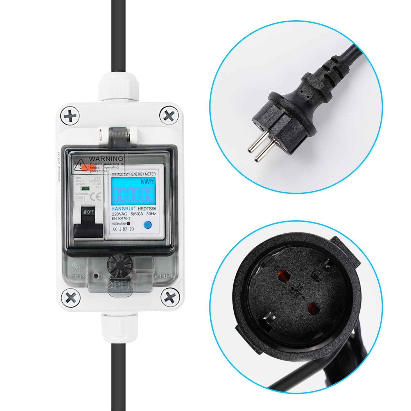 DewinLVD Mobiler Digitaler Stromzähler, Stromzähler für Steckdose Outdoor 16A Typ A Schutzschalter Eurostecker IP65 Wasserdich Messgerät 230V 60A für Industrieanlage Garten 7
