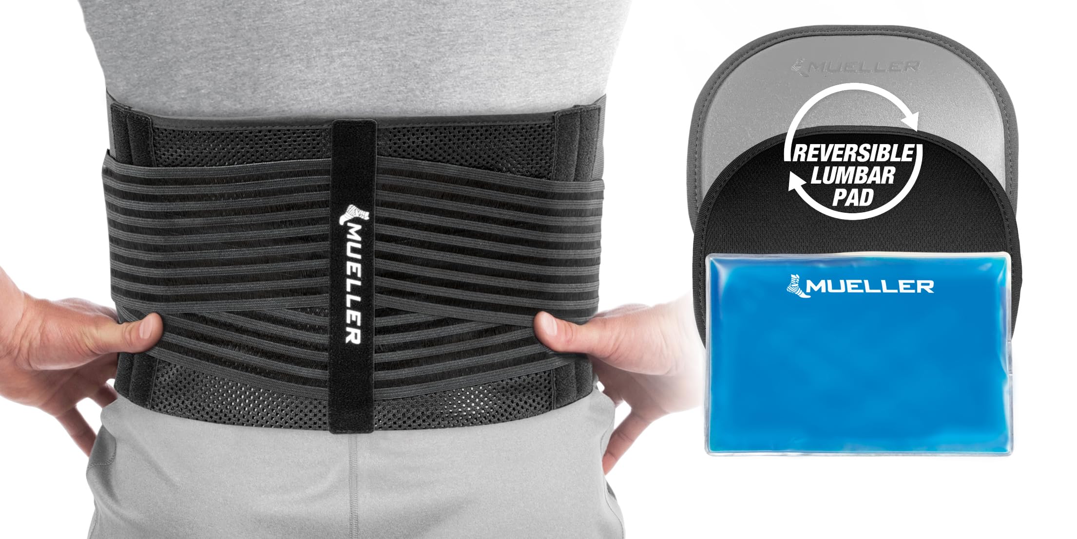 MUELLER Sports Medicine 4-in-1 Lumbar Back Brace with Hot/Cold Pack, Ideal for Upper and Lower Back Pain, Relief & Support for Men and Women, Strains, Sciatica, Scoliosis, Black, One Size