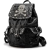 SandraWang ‌Gothic Skull Studded Backpack for Women & Men, Structured PU Leather Punk Bookbag with Drawstring Flap, A4 & Tablet Friendly Alternative Fashion Design