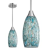 EDISHINE Pendant Light, Hand Blown Hanging Light Fixture, Adjustable Brushed Nickel Rods, Blue Glass Pendant Lighting for Kit