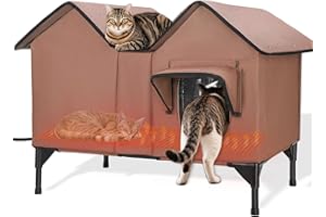 VILRAK Extra Large Heated Outdoor Cat House Weatherproof, Insulated Outdoor Heated Cat House for Outside with Heater, Elevated Outdoor Feral Cat Shelter for Multiple Cats Small Dogs (Brown, XL)