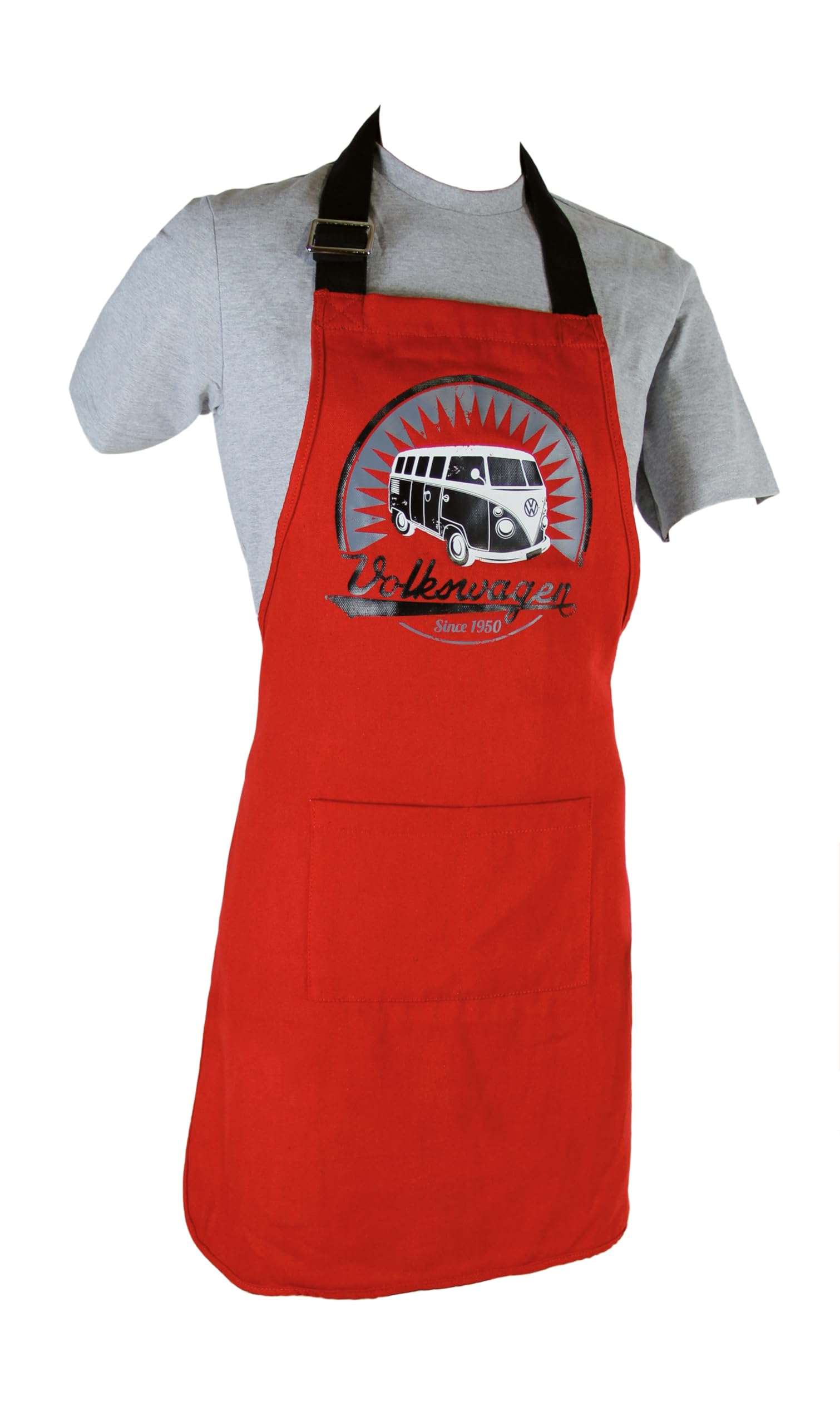 BRISA VW Collection - Volkswagen Cooking Kitchen Grill Baking Apron for Women & Men with T1 Bus Campervan Motif (Vintage Logo/Red)