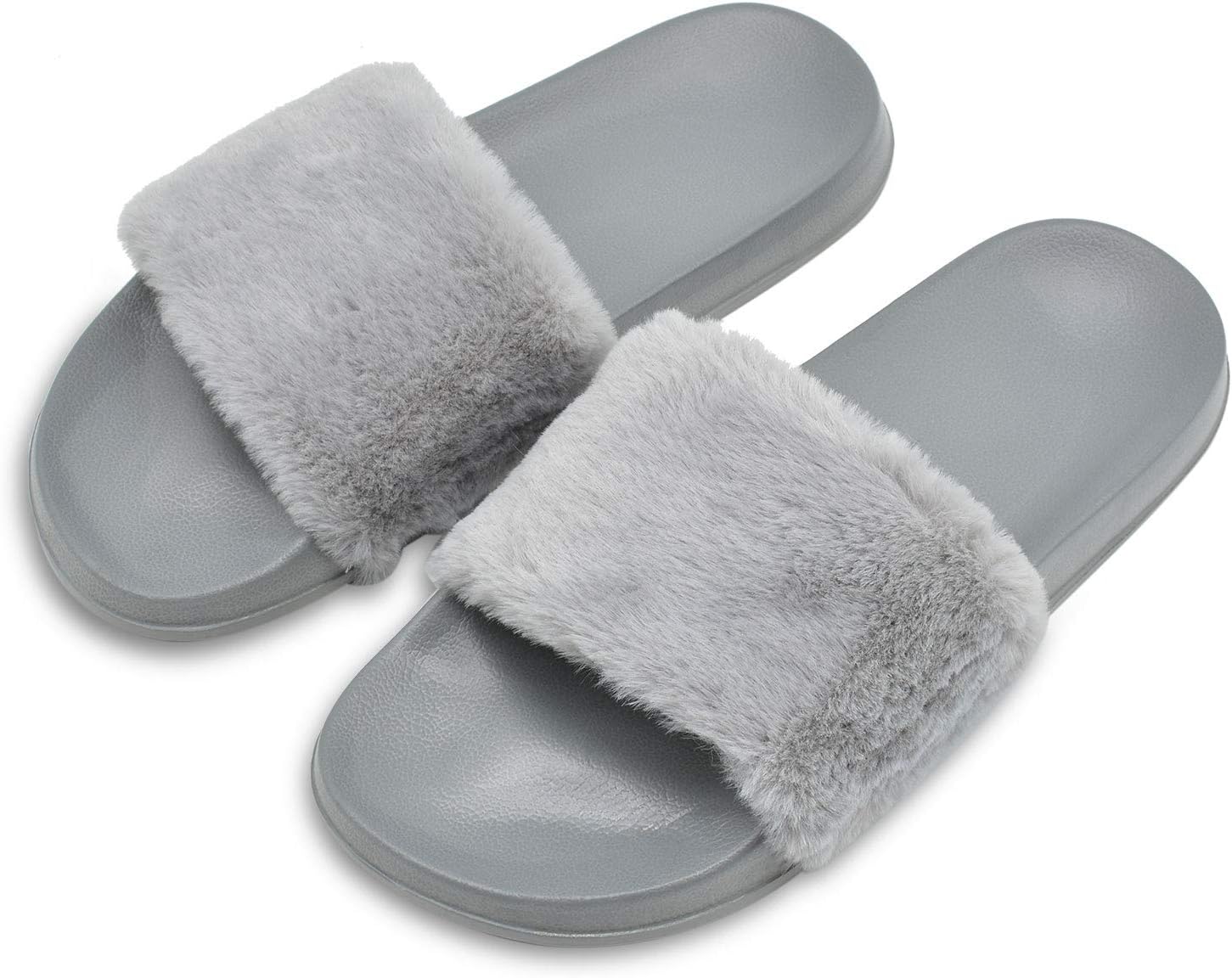 Womens Faux Fur Flat Slide Sandals Fluffy Open Toe Slipper Soft Cozy Plush Indoor Slip on Shoes