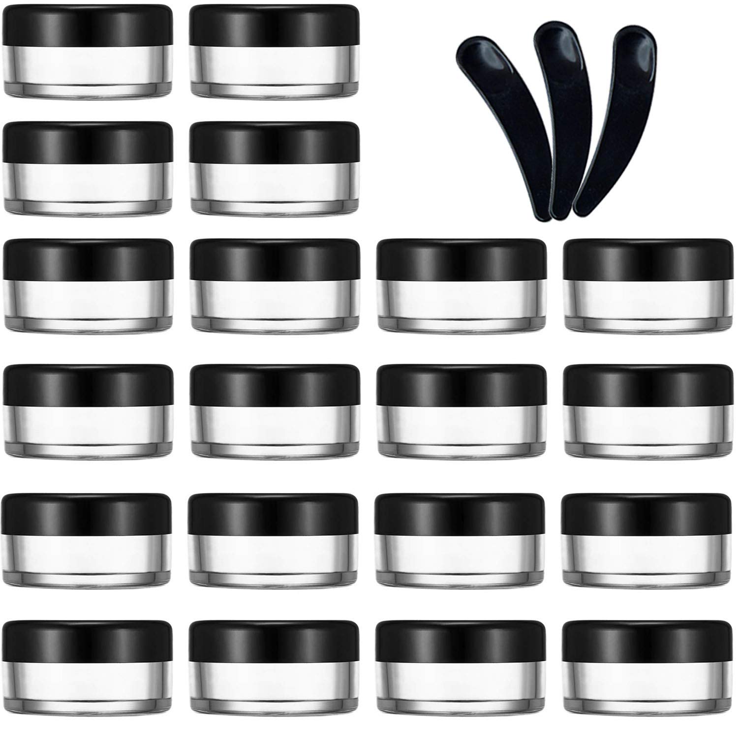 JamHooDirect 20Pcs Empty Cosmetic Pots Round Clear Plastic Sample Containers with Black Screw Cap Lid & 3 Pieces Mini Spatula for Cosmetics, Sample, Lotion, Creams, Make Up, Beads, Charms Storage (10g