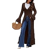 KWSTAIN Maxi Long Cardigan Sweater for Women Button Down Bell Sleeve Ruffle Thick Warm Chunky Cable Knit Fall Winter Coat