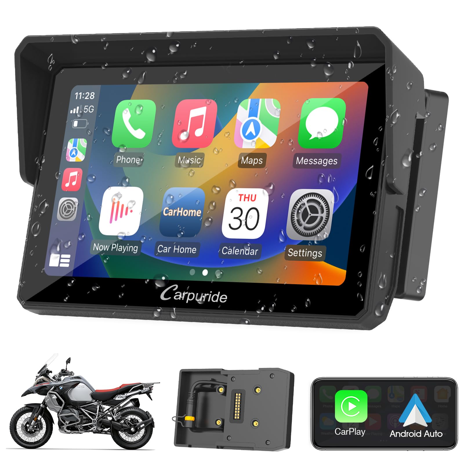 Motorcycle CarPlay Screen Carpuride W502B for BMW R1200GS/R1250GS/S1000XR – 5" IP67 Waterproof Touchscreen, Wireless Android Auto & CarPlay, GPS Navigation, Dual Bluetooth, Enhanced Bass EQ
