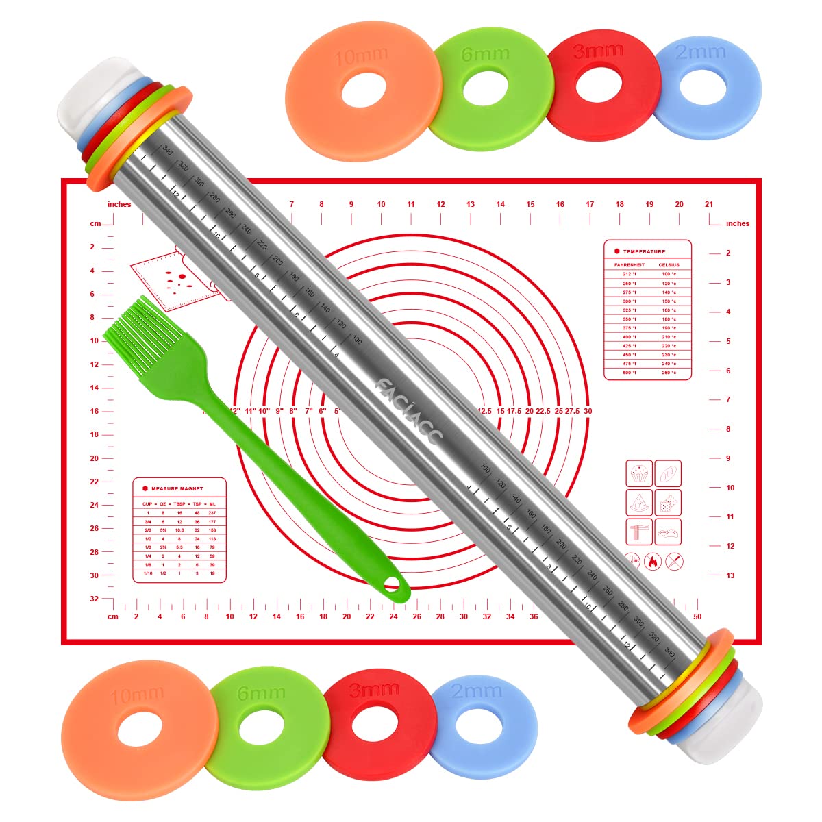 FACIACC Rolling Pin with Thickness Rings Adjustable Stainless Steel 17 inch Rolling Pin and Silicone Baking Mat for Baking Dough, Pizza Pie, Pastries, Pasta and Cookies