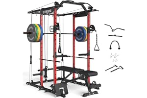 ER KANG Home Gym Package, PC06 Power Cage with Bench, Olympic Barbell, and 230LBS Bumper Olympic Weights(Red Combo)