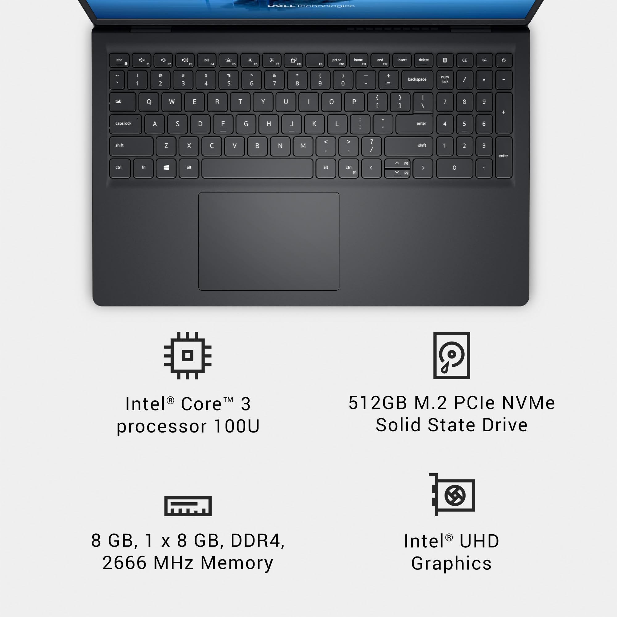 Dell 15 Laptop DC15250-15.6-inch FHD 120Hz Display, Intel Core 3 Processor 100U Processor, 8GB DDR4 RAM, 512GB SSD, Intel UHD Graphics, Windows 11 Home, Onsite Service - Carbon Black