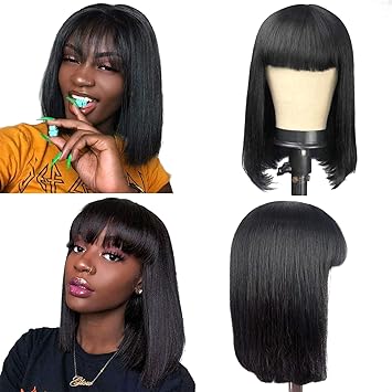 Amazon Com Human Hair Wigs With Bangs For Black Women Straight