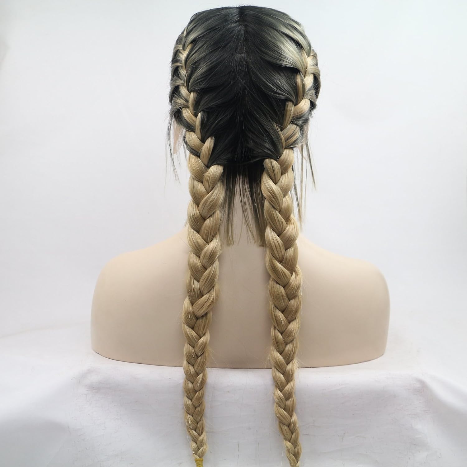 xiweiya blonde with brown root Double Braids Synthetic Lace Front Wig add Human Weaving Part with Baby Hair Wig Heat Resistant Fiber Middle Part 24 inch - Image 4