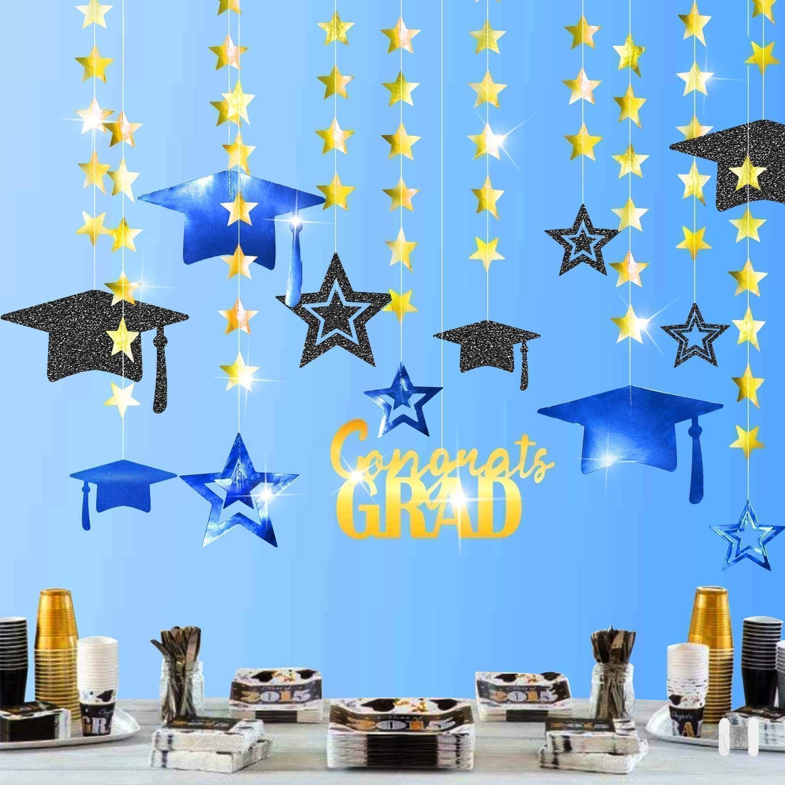 Glitter Royal Blue gold Graduation Party Decoration Black Cap Decor Shiny Congrats Grad Banner Star Hat Garland Hanging Streamer Backdrop for Party Home Classroom