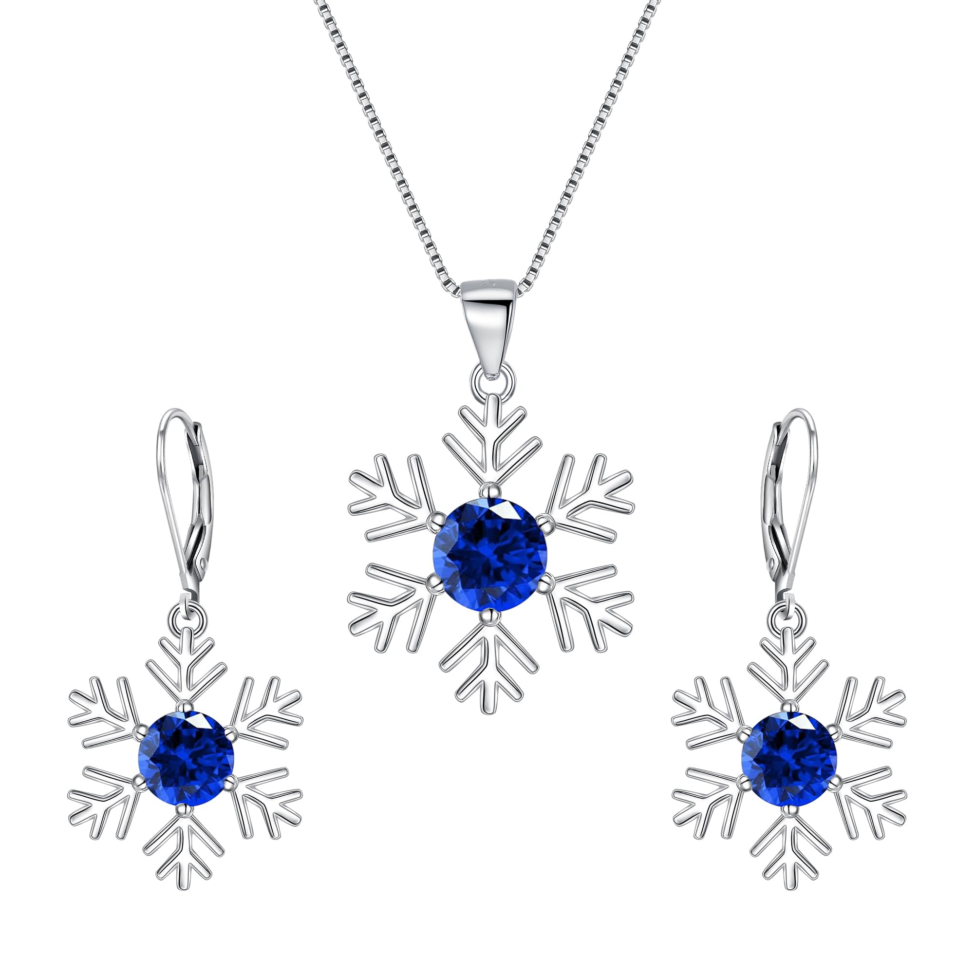 Ever Faith Snowflake Jewelry Set, Blue CZ 925 Sterling Silver Pedant Necklace Set, Leverback Earrings Set