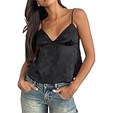Women Cute Satin Jacquard Camisole Fairycore Embroidery Floral Spaghetti Strap V Neck Flowy Mini Cami Top Going Out Top