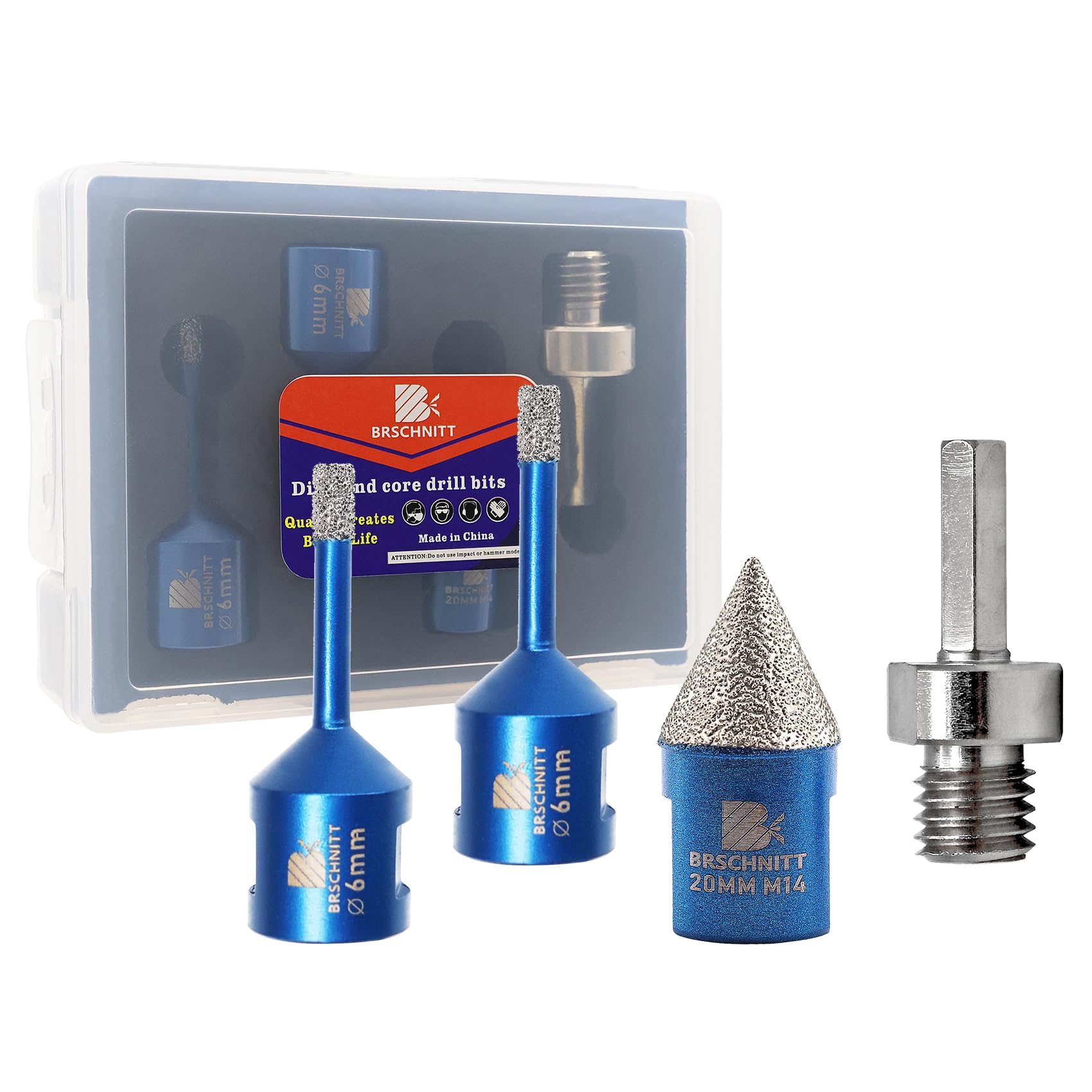 Diamond Core Drill Bit Set for Porcelain Tile Ceramic Marble Granite Drilling,BRSCHNITT 6/6mm Diamond Hole Saw &0-20mm chamfer bit+Adapter