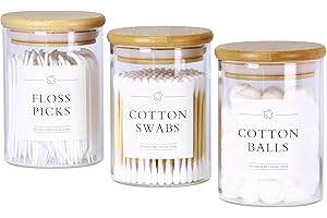 INIUNIK 3 Pack Qtip Holder Dispenser - Glass Apothecary Jars with Lids, Cotton Ball Pad Swab Round Holder, Bamboo Bathroom Accessories, Bathroom Organizers Containers Jars Canisters with Lids