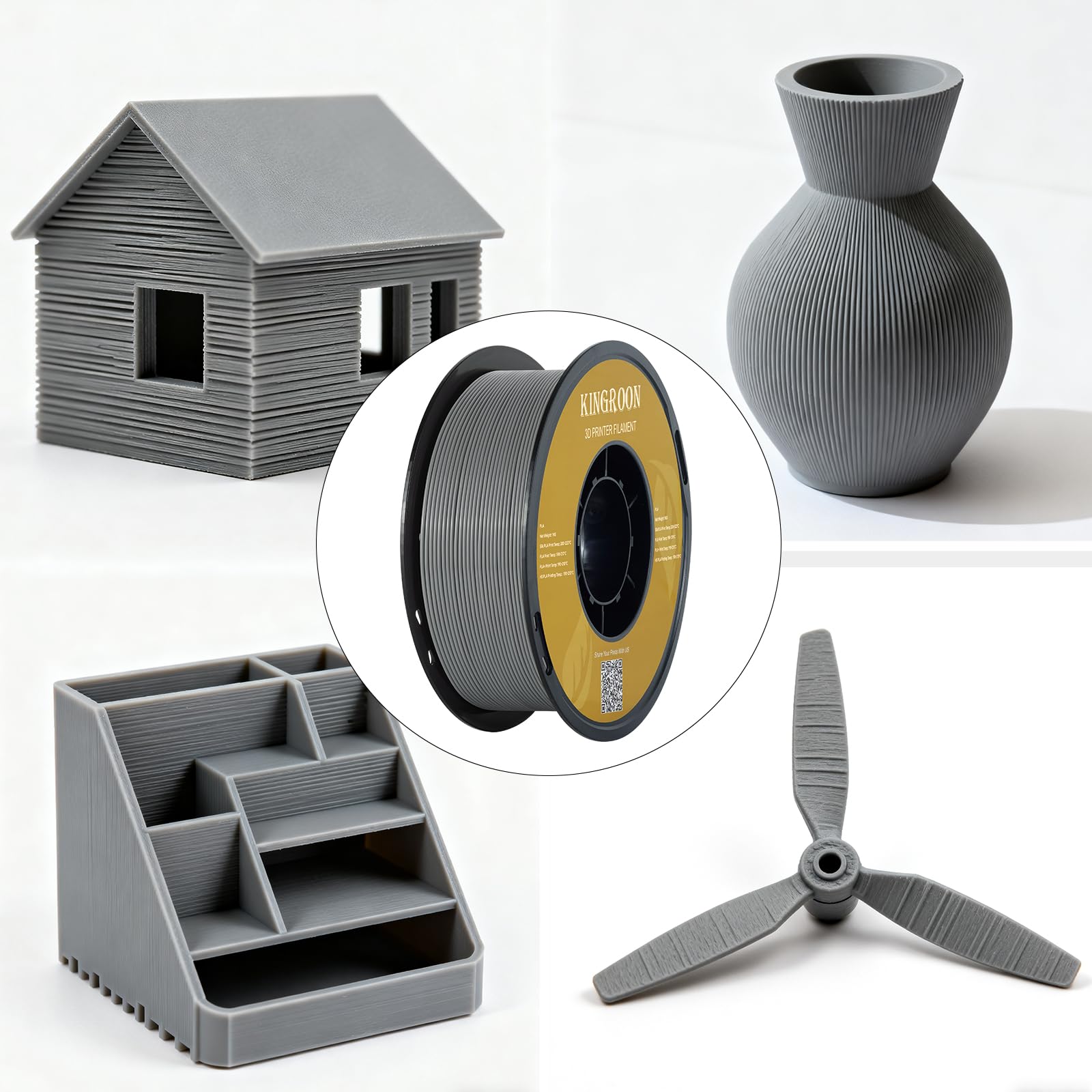 Kingroon PLA Filament 1.75mm, PLA 3D Drucker Filament Maßgenauigkeit +/- 0.03mm, 10KG Spule (22 LBS) PLA Filament für 3D Drucker, Schwarz Weiß Grau Rot Blau Gelb Grün Transparent Orange Silber 3