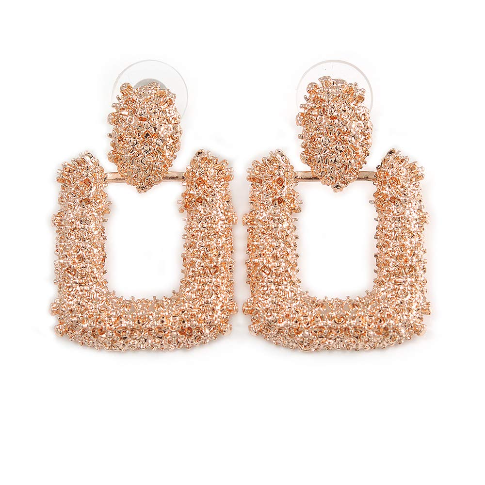 Rose Gold Tone Textured Square Drop Earrings/ 35mm L