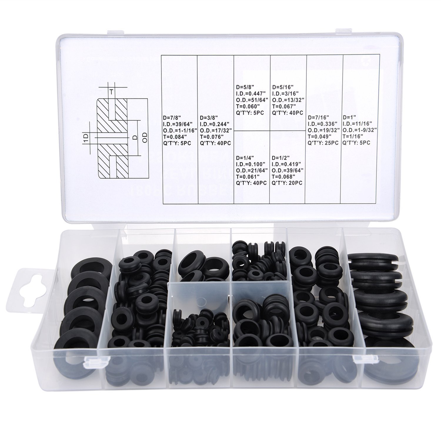 HJ Garden 180pcs Rubber Grommet Assortment Kit 8 Popular Sizes Wire