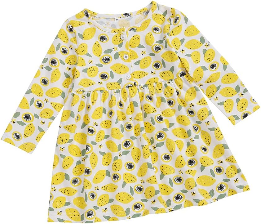 Vinnytido Baby Girl Dress Lemon Print Long Sleeve Casual Dress 1-6year