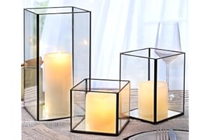 LAMORGIFT 3 Pack Glass Hurricane Candle Holders | Black- 9.8"| 7.87"| 4.7” Black Lanterns Decorative Indoor Outdoor, Vintage Candle Holders for Fall Table Centerpieces Decor, Black Candle Holders for Halloween
