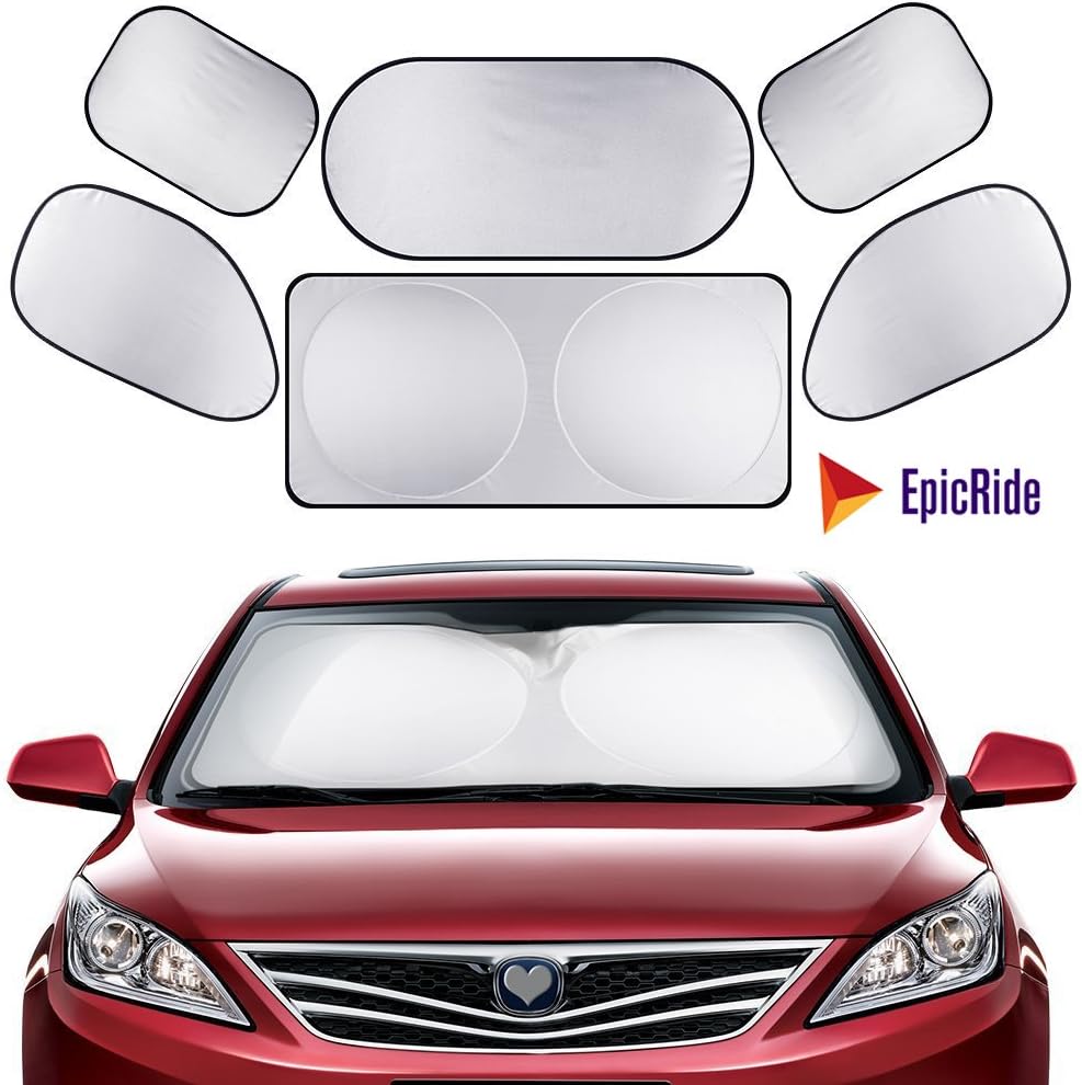 EpicRide full 6 Pcs Car Windshield Sunshade UV Protector Folding Silvering,Car Window Sun Shade Visor Shield Cover, Sun Shade UV Reflector, Keeps Vehicle Cool, Sun Protection for Baby Auto Car SUV