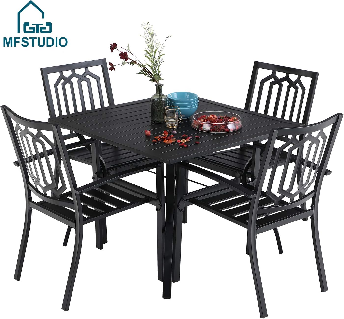 Black 37 Table And 4 Backyard Garden Chairs Outdoor Furniture Set Mfstudio 5 Piece Black Metal