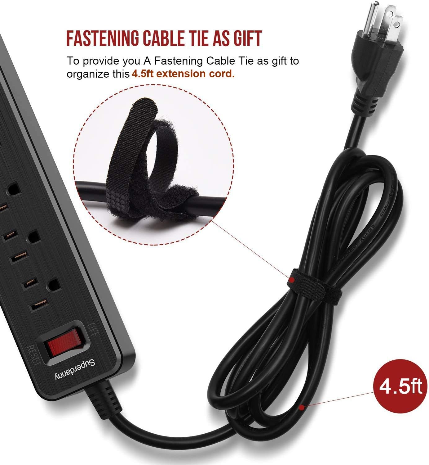 SUPERDANNY USB Surge Protector Power Strip Mountable Extension Cord Multiple Protection 5 Outlet 3 USB Port with Hook & Loop Fastener for iPhone iPad PC Home Office Travel Black: Electronics