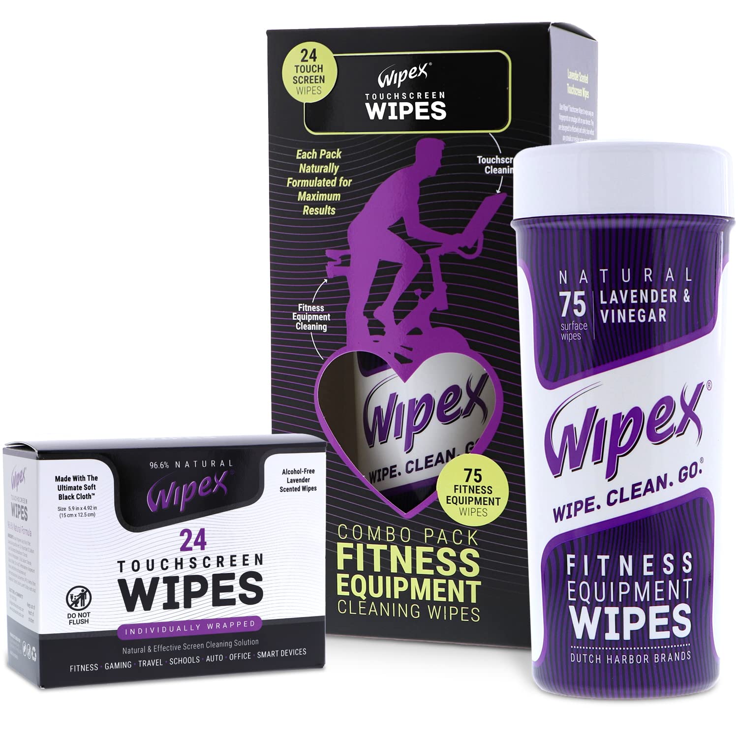 Wipex Screen Wipes & Gym Wipes Combo Pack - 75ct Gym Equipment Wipe Canister & 24ct Individually Wrapped Fitness Touch Screen Sachettes, Safe for Yoga Mats & Electronics, Lavender Scent
