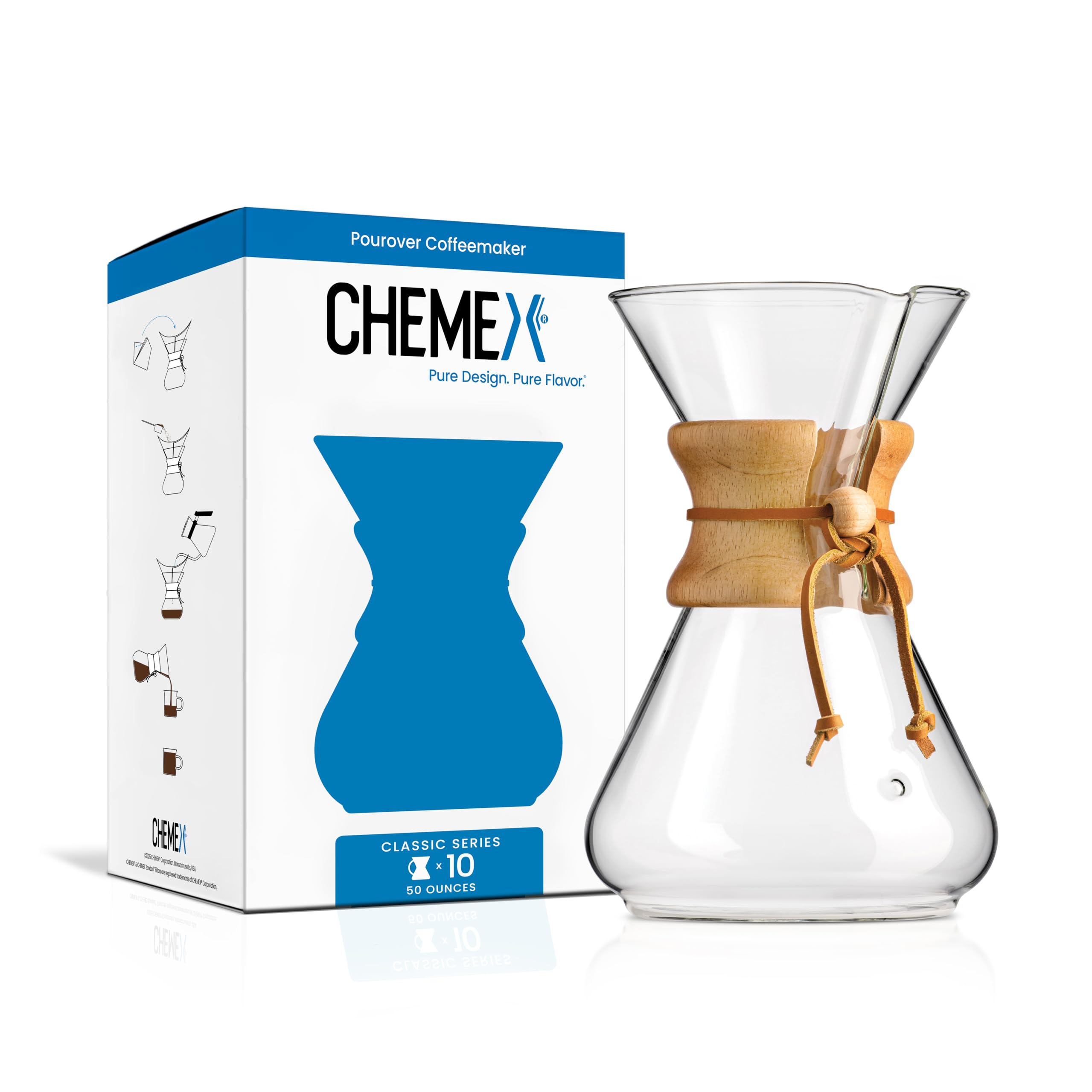 Cafetera de Vidrio Chemex Pour-Over - Serie Clásica - 10 Tazas - Empaque Exclusivo