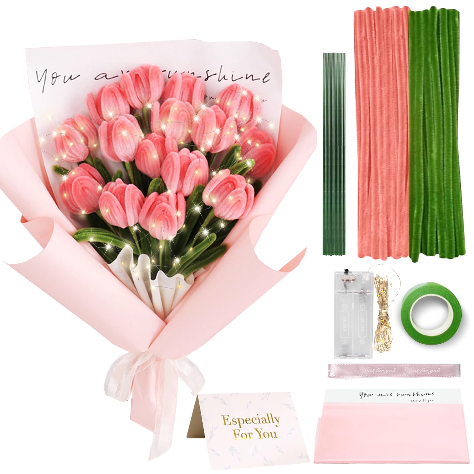 Photo 1 of 200pcs  Cleaners Craft with String Light, DIY Flower Bouquet Kit Chenille Stems Flower with Step-by-Step Video Tutorials for Mom, Women, Friend, Wedding Birthday Christmas Thank You Gifts