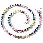 Rainbow Heart Tennis Chain Necklace, 18 Inch Iced Out CZ Crystal Colorful Choker, Trendy Hip Hop Jewelry Gift for Women
